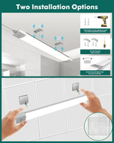 Installation guide for a LED strip light with two installation options on a tiled wall.